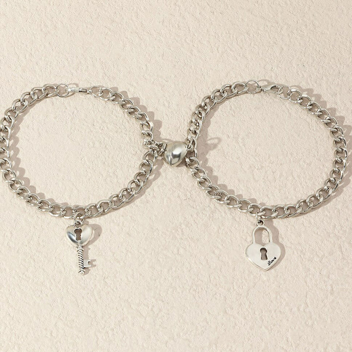 Lock and Heart Charm Magnetic Couple Bracelets