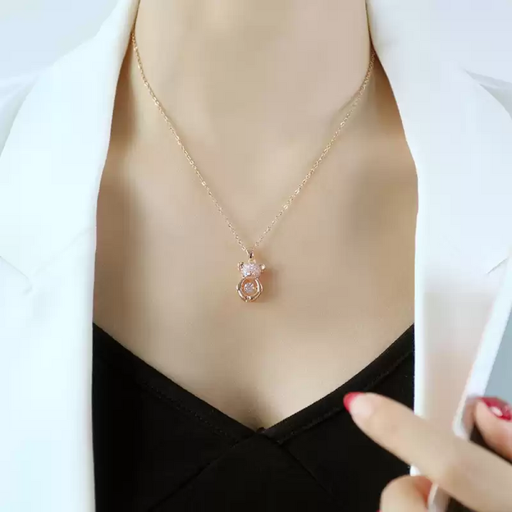 Teddy Bear Dancing Stone Pendant Necklace Cubic Zirconia Rose Gold Plated