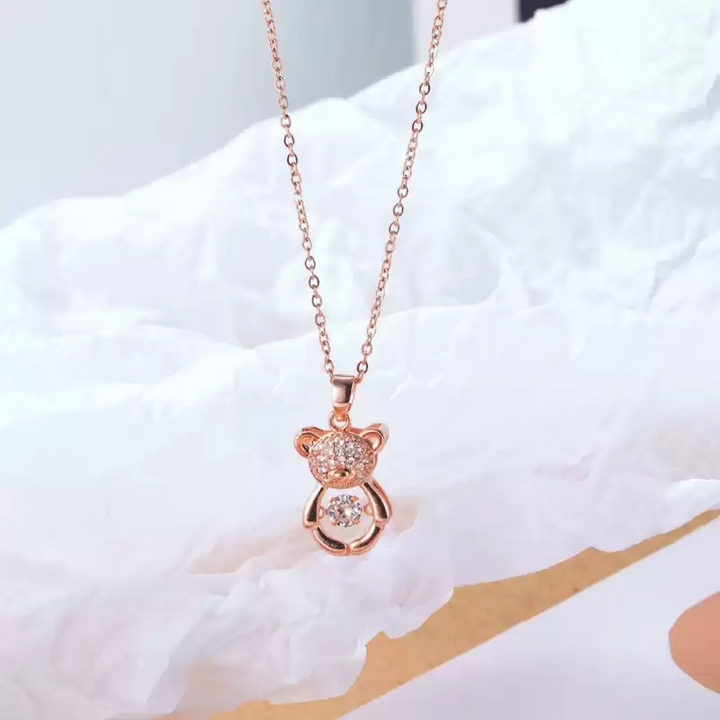 Teddy Bear Dancing Stone Pendant Necklace Cubic Zirconia Rose Gold Plated