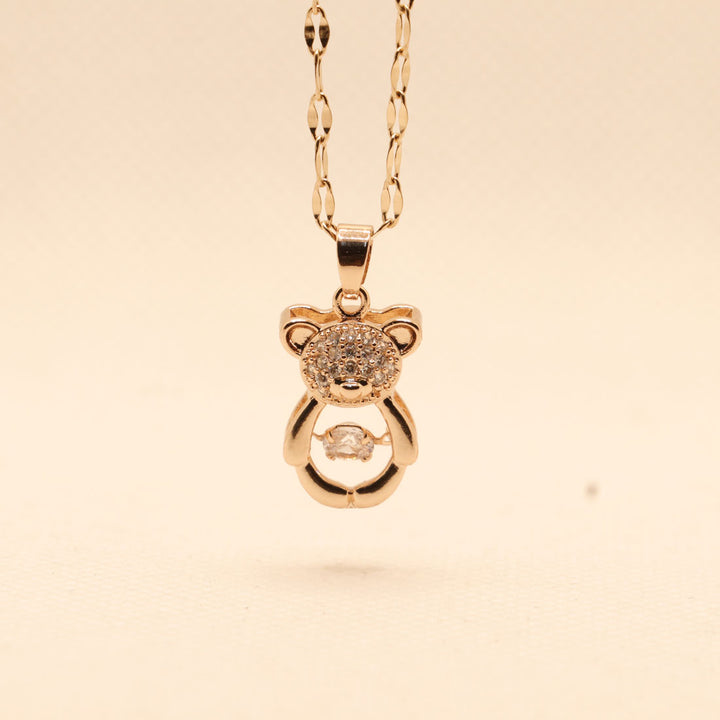Teddy Bear Dancing Stone Pendant Necklace Cubic Zirconia Rose Gold Plated